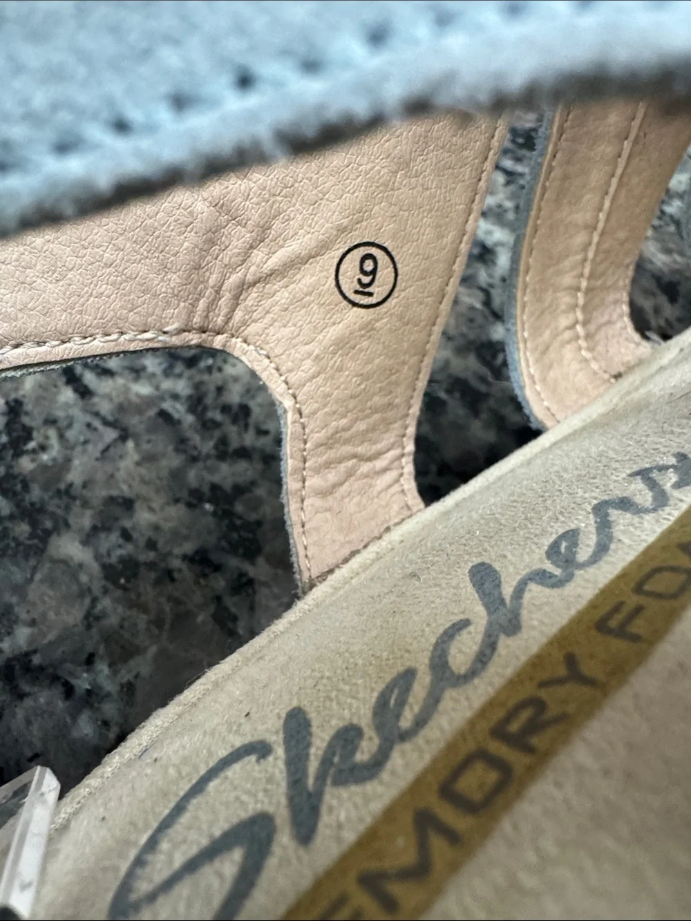 Skechers Light Gray blue Suede Wedge Sandal with Tan Platform 9